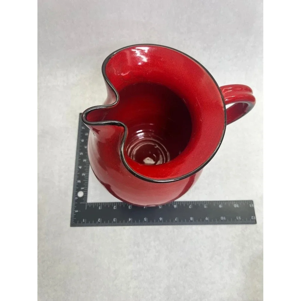 Handmade Red Glazed Ceramic Pitcher Pinched Spout Signed M Ro Studio Pottery